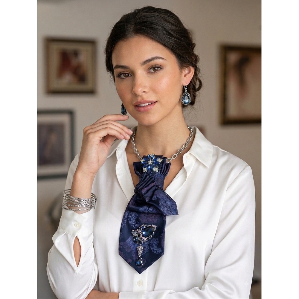 Structure Silk Paisley Necktie Necklace Set Blue Crystal Brooch Earrings Bangle